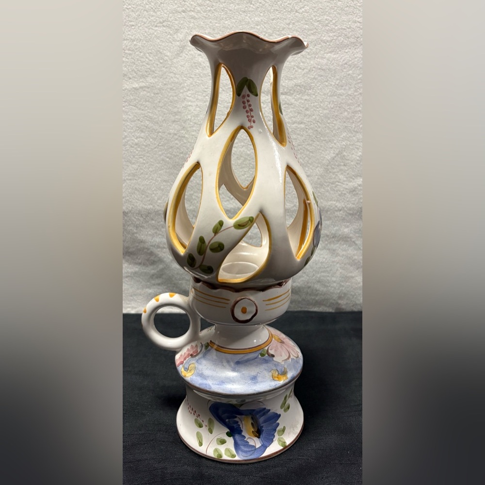 Portuguese White Ceramic Candle Holder with Floral Design